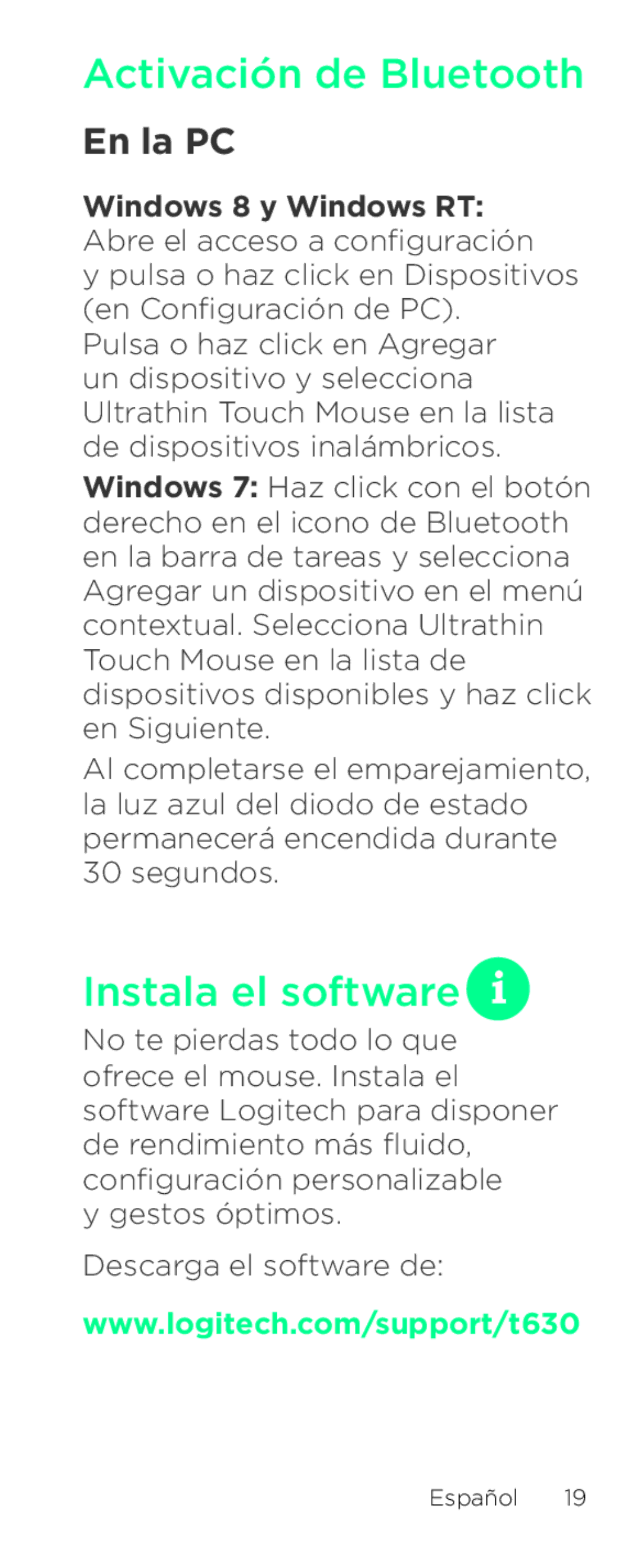 Logitech T630 setup guide Instala el software, En la PC, Windows 8 y Windows RT Abre el acceso a configuración 