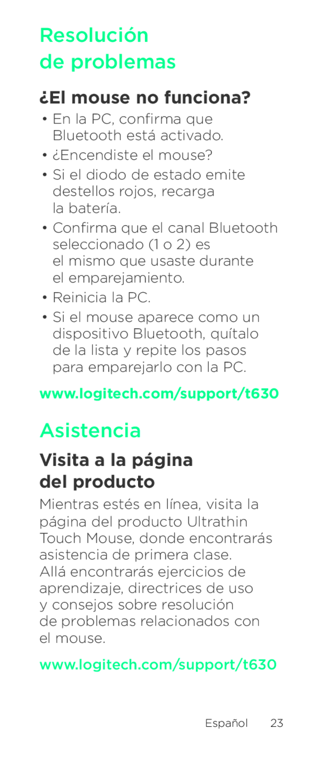 Logitech T630 setup guide Resolución de problemas, Asistencia, ¿El mouse no funciona?, Visita a la página del producto 