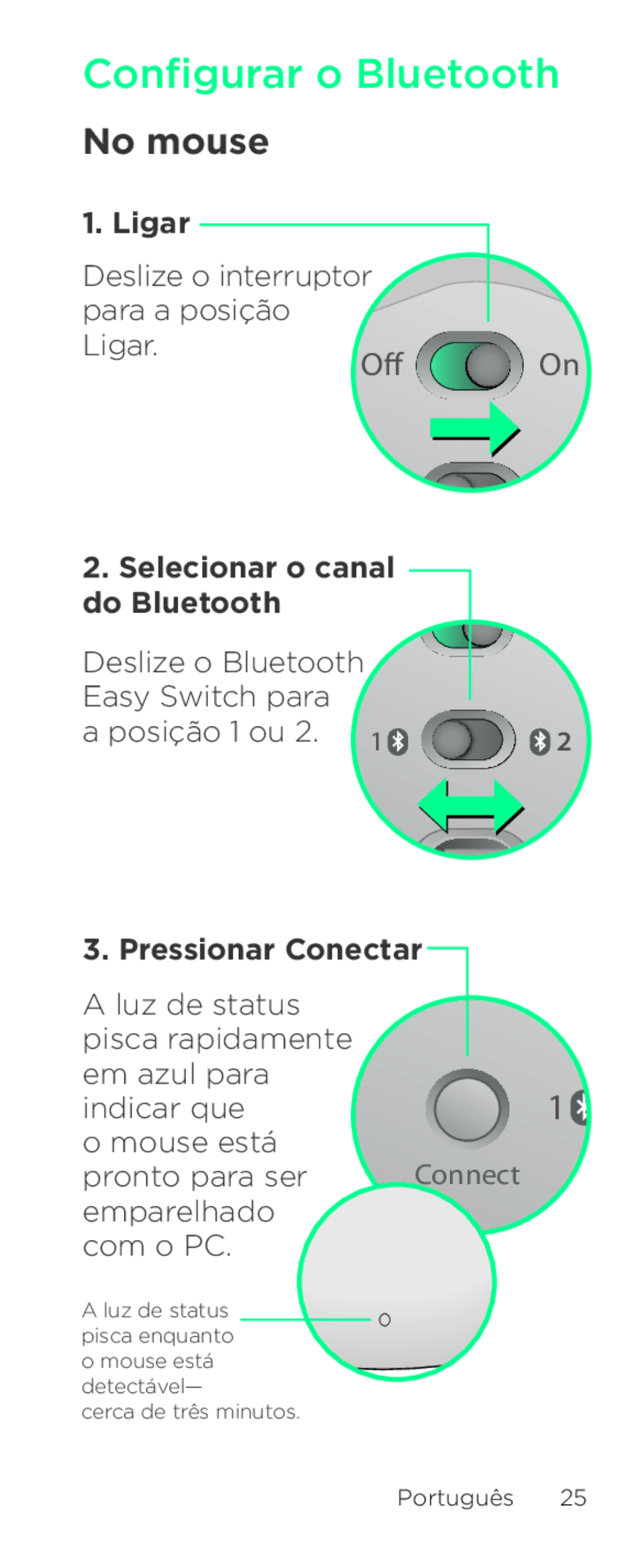 Logitech T630 setup guide Configurar o Bluetooth, No mouse, Ligar, Selecionar o canal do Bluetooth, Pressionar Conectar 