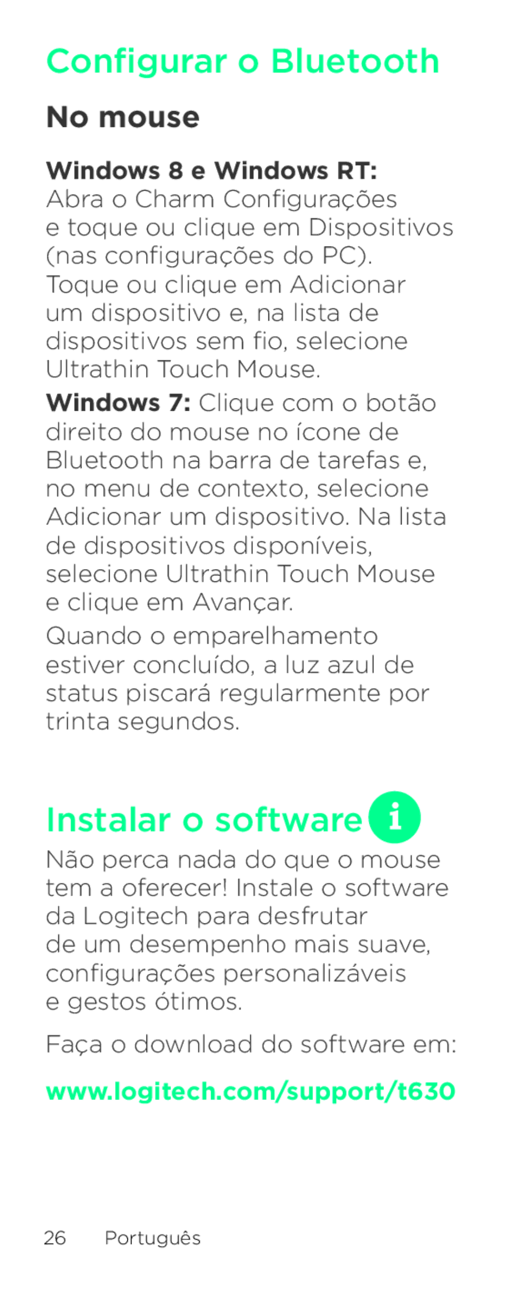 Logitech T630 setup guide Instalar o software, Windows 8 e Windows RT Abra o Charm Configurações 