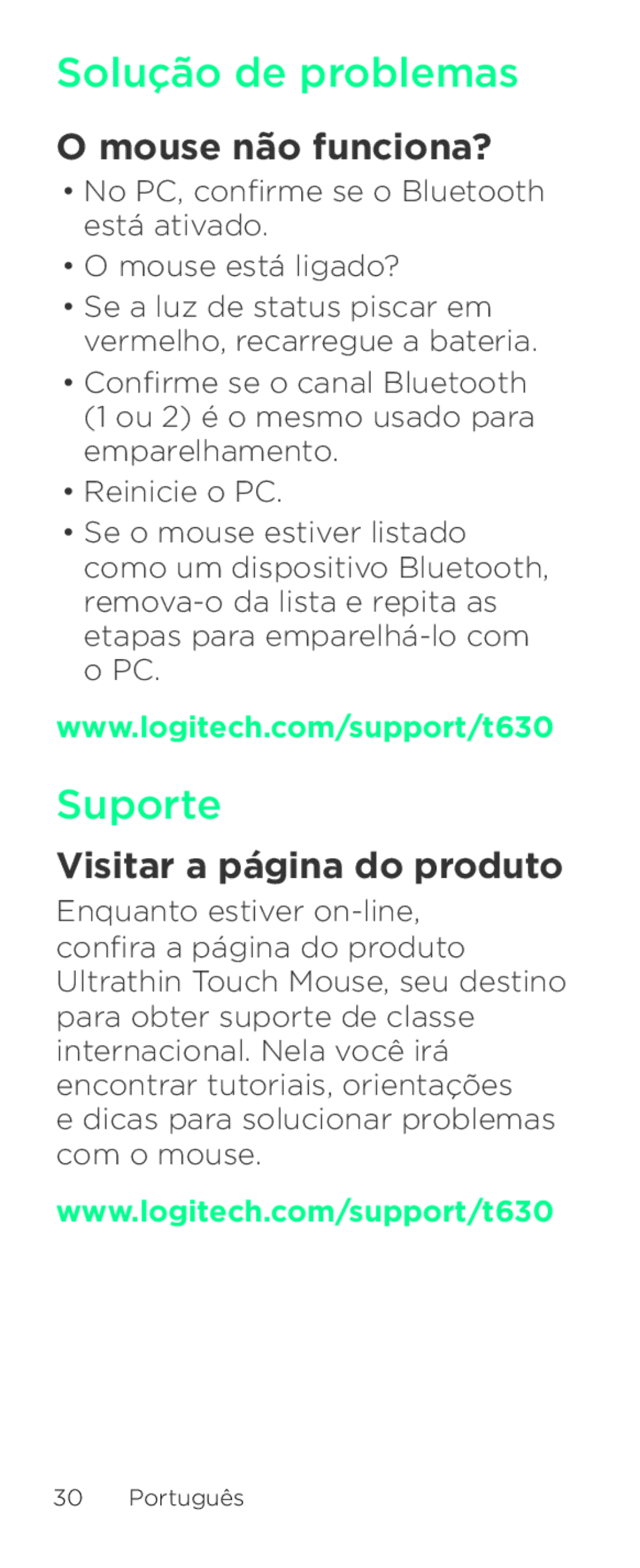 Logitech T630 setup guide Solução de problemas, Suporte, Mouse não funciona?, Visitar a página do produto 