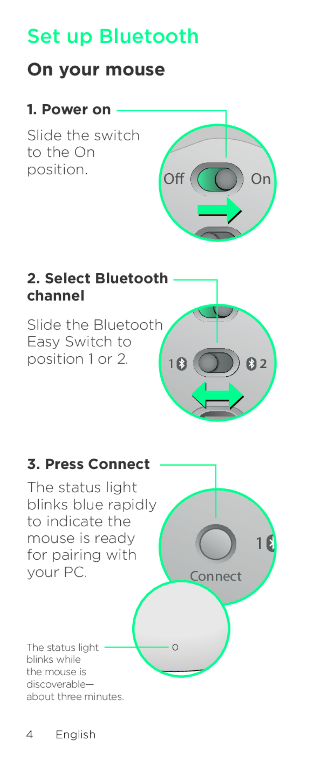 Logitech T630 setup guide Set up Bluetooth, On your mouse, Power on, Select Bluetooth channel, Press Connect 