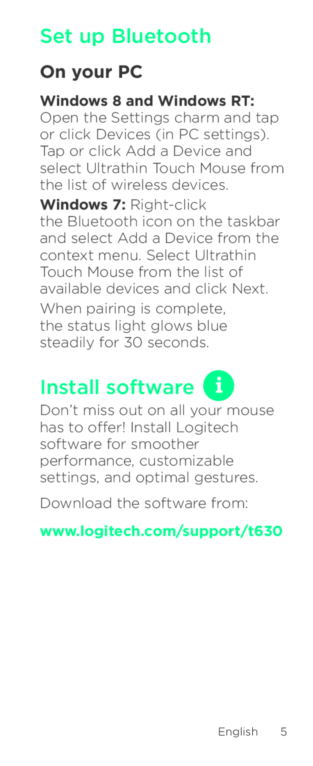 Logitech T630 setup guide Install software, On your PC 
