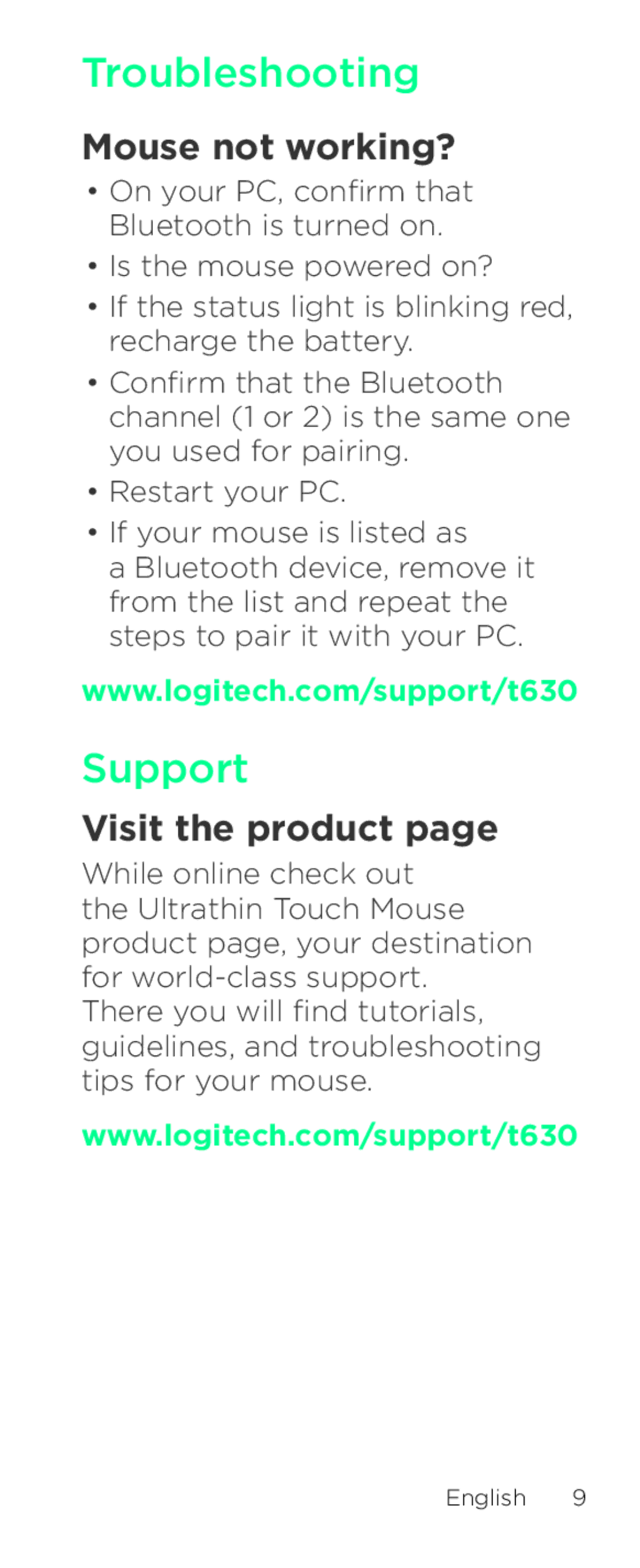 Logitech T630 setup guide Troubleshooting, Support, Mouse not working?, Visit the product 