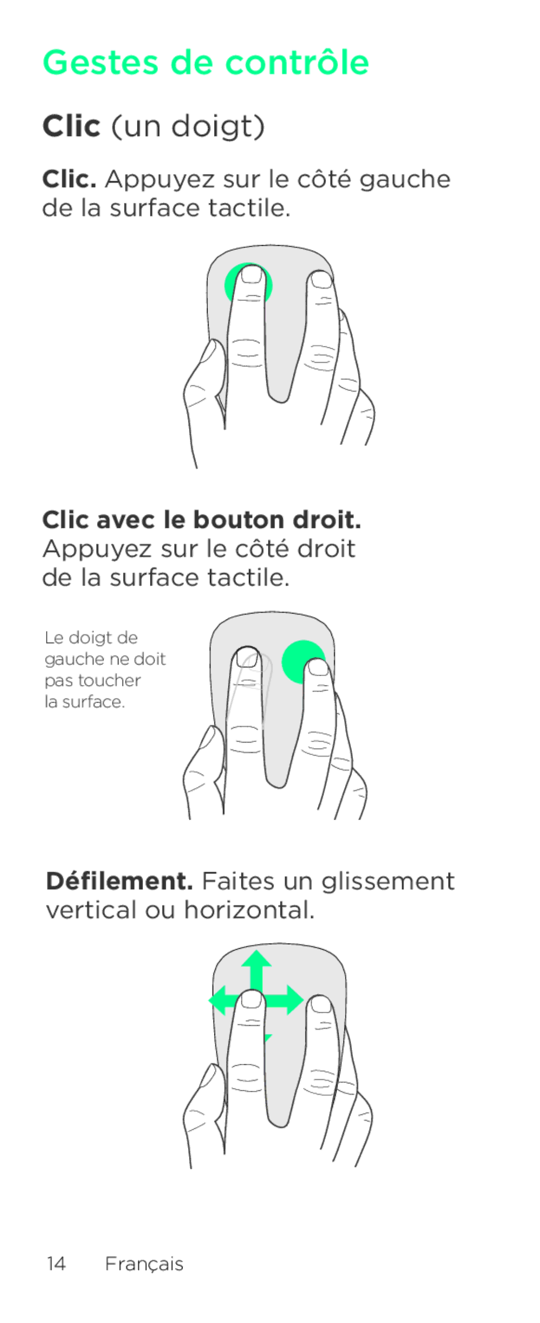 Logitech T631 setup guide Gestes de contrôle, Clic un doigt 