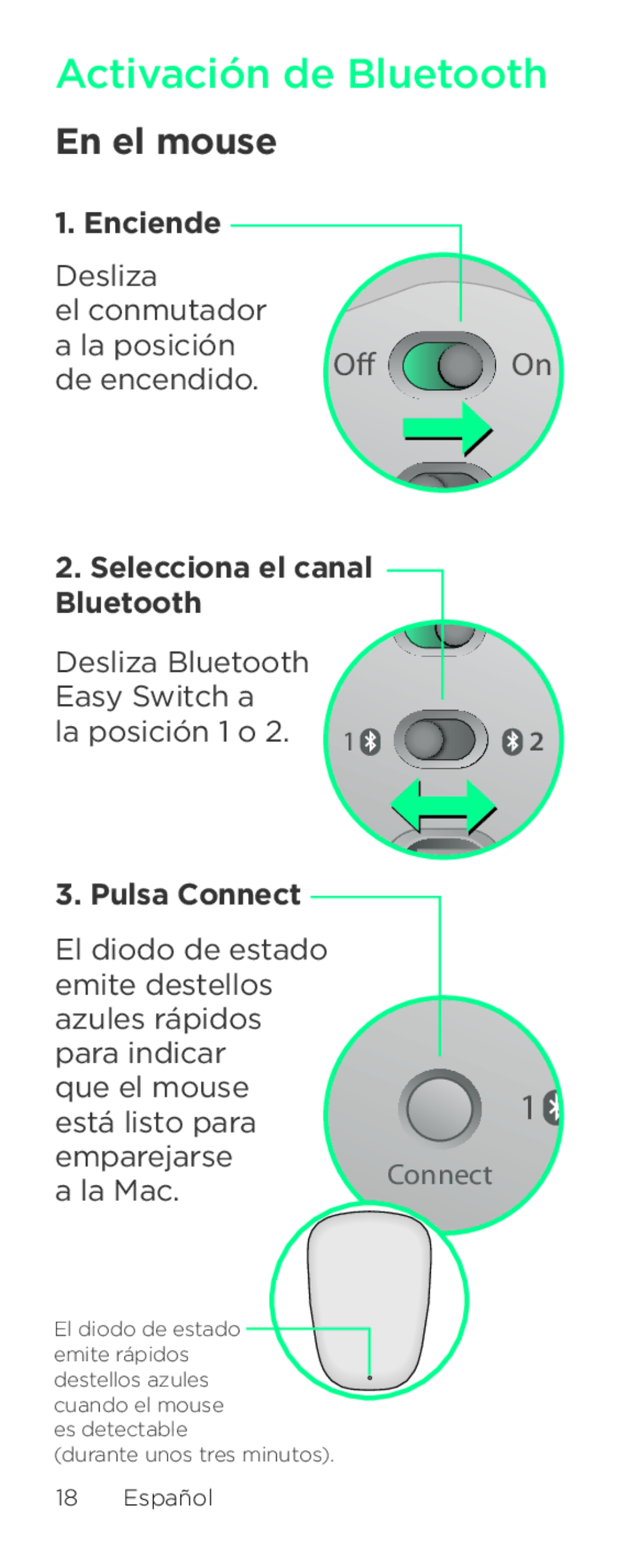 Logitech T631 setup guide Activación de Bluetooth, En el mouse 