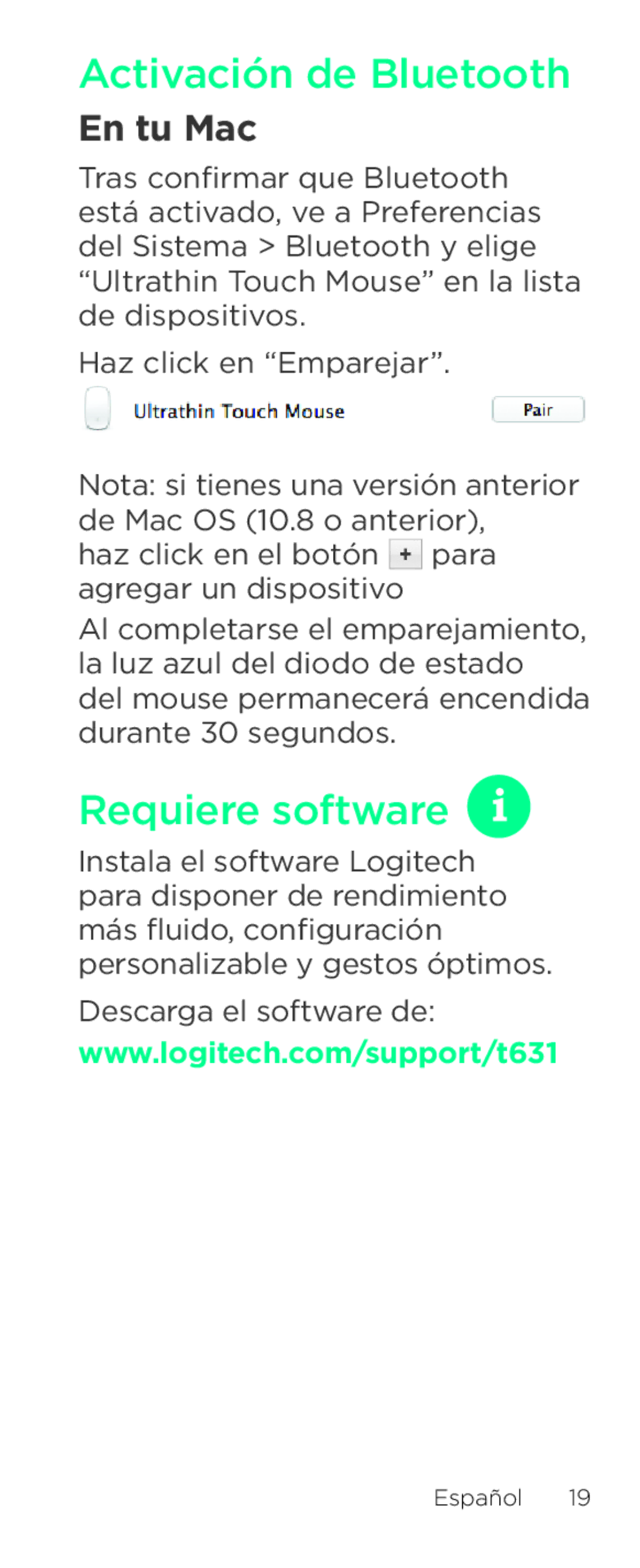 Logitech T631 setup guide Requiere software, En tu Mac 