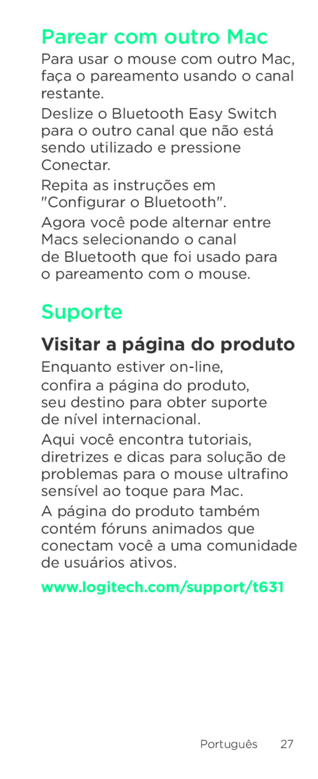 Logitech T631 setup guide Parear com outro Mac, Suporte, Visitar a página do produto 