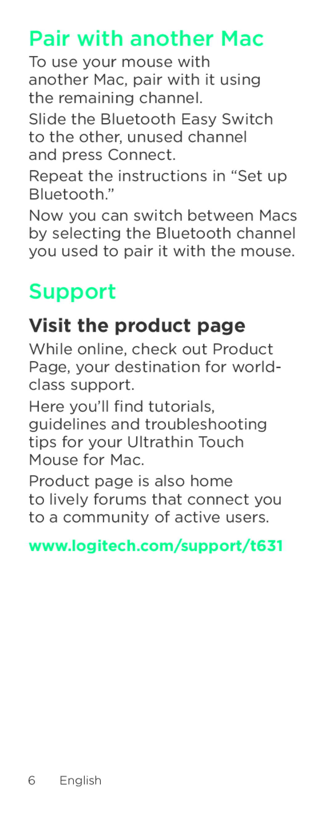 Logitech T631 setup guide Pair with another Mac, Support, Visit the product 