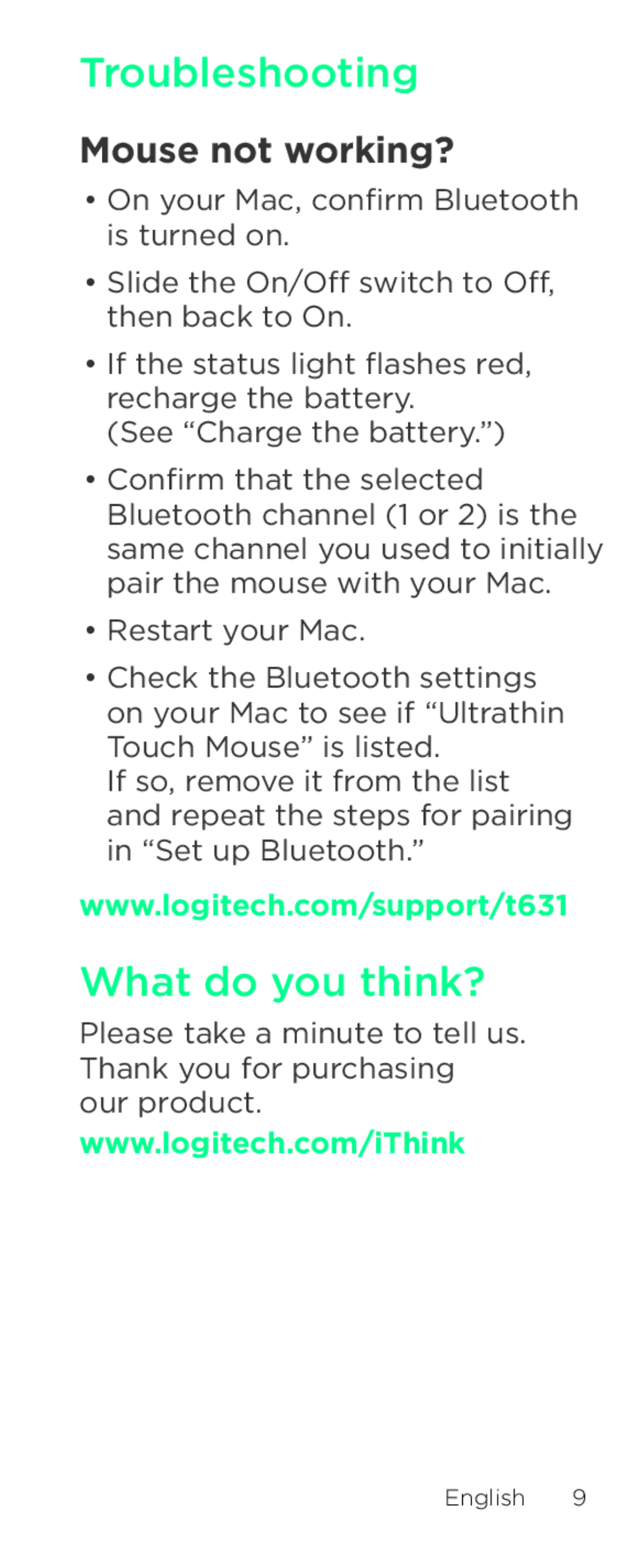 Logitech T631 setup guide Troubleshooting, What do you think?, Mouse not working? 