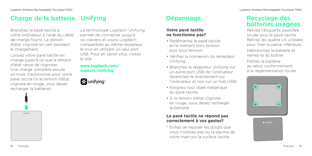 Logitech T650 Charge de la batterie, Dépannage, Recyclage des batteries usagées, Votre pavé tactile ne fonctionne pas? 