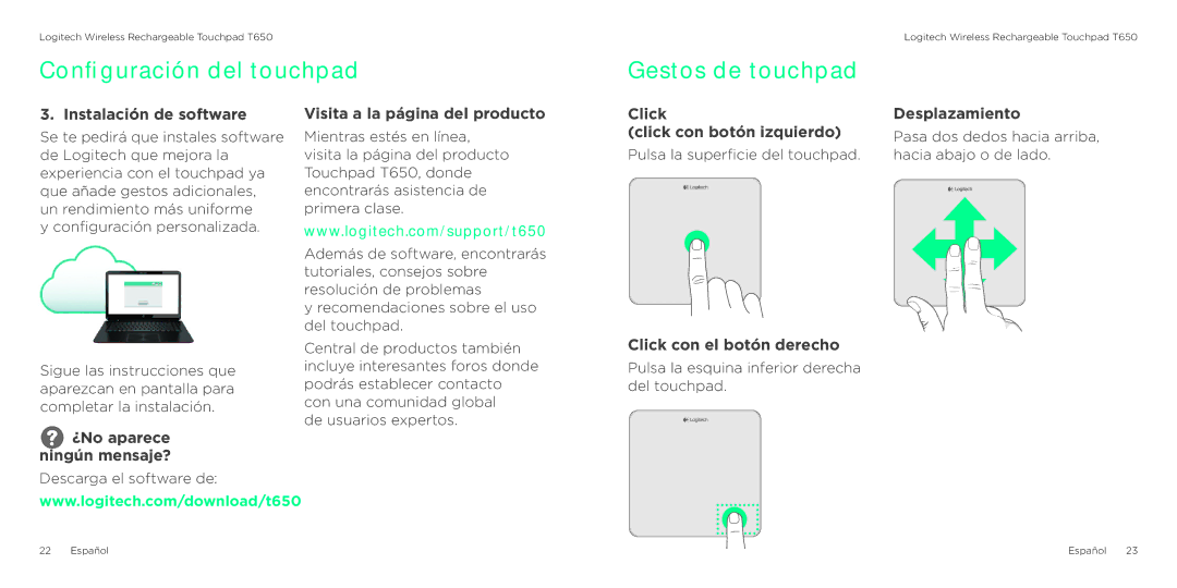 Logitech T650 manual Configuración del touchpad Gestos de touchpad 