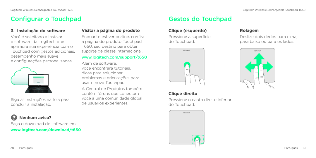 Logitech T650 manual Gestos do Touchpad 