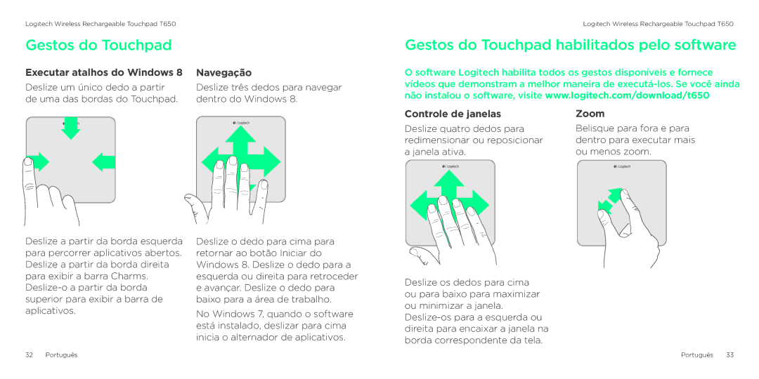 Logitech T650 Gestos do Touchpad habilitados pelo software, Executar atalhos do Windows, Navegação, Controle de janelas 