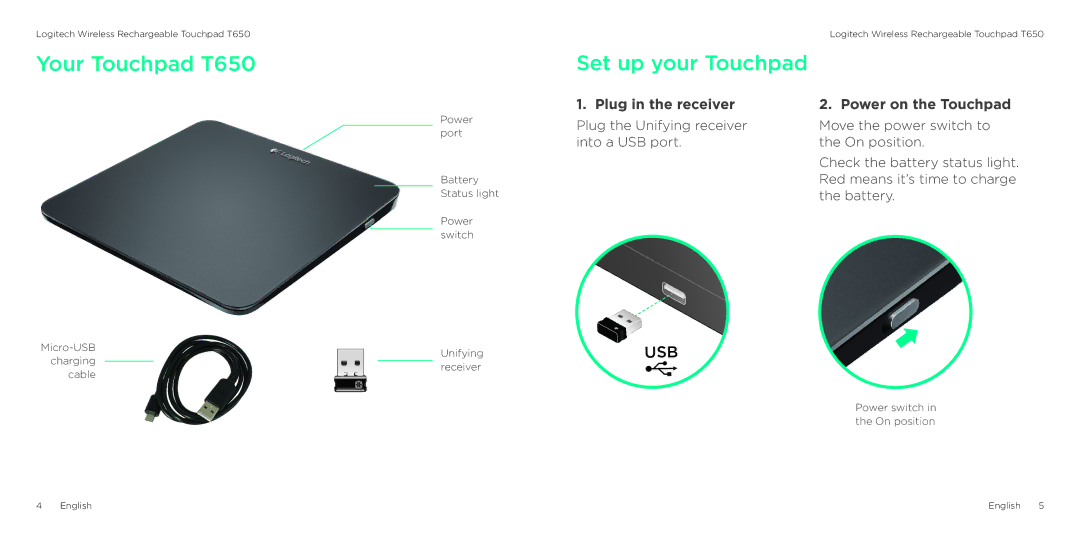 Logitech manual Your Touchpad T650, Set up your Touchpad, Plug in the receiver Power on the Touchpad 