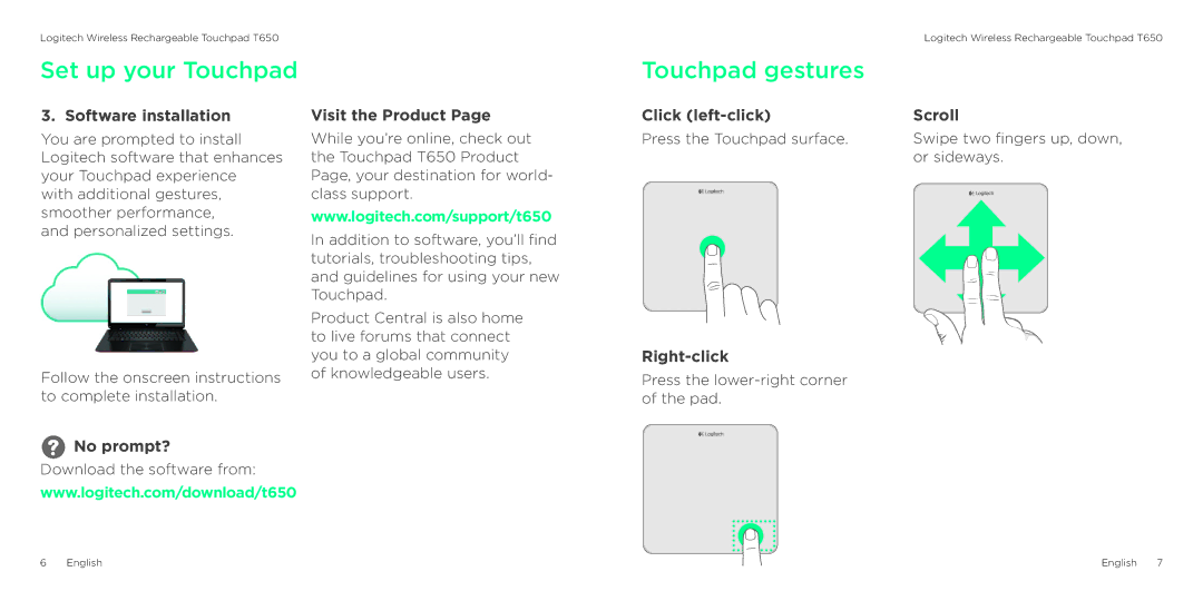 Logitech T650 manual Touchpad gestures 