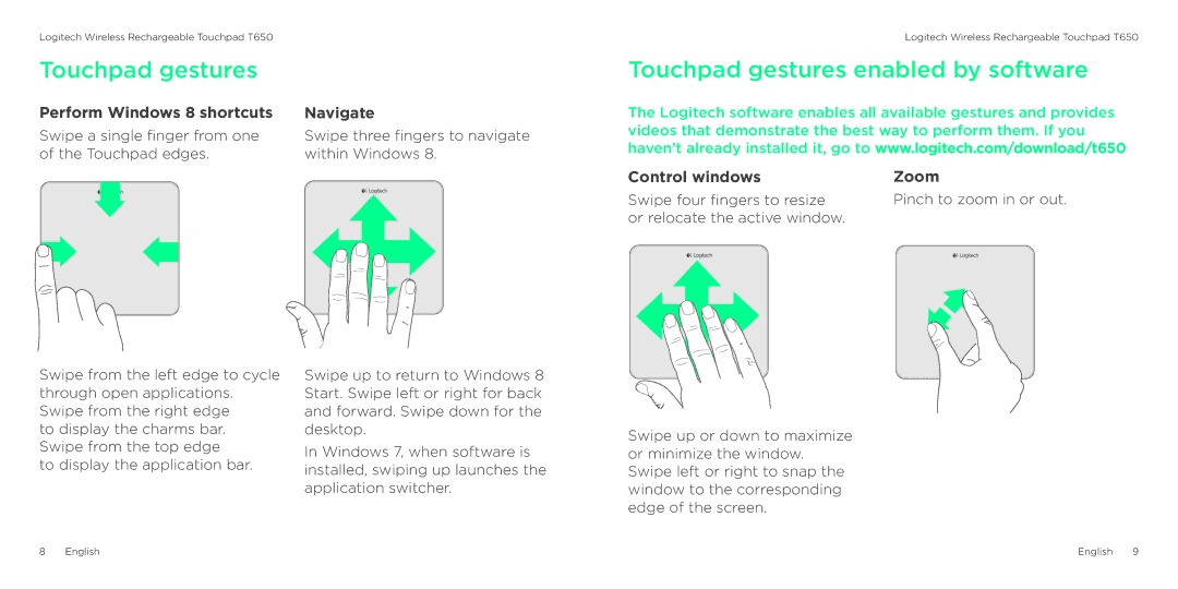 Logitech T650 manual Touchpad gestures enabled by software, Perform Windows 8 shortcuts, Navigate, Control windows Zoom 