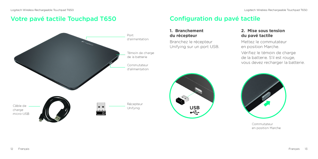 Logitech manual Votre pavé tactile Touchpad T650, Configuration du pavé tactile 