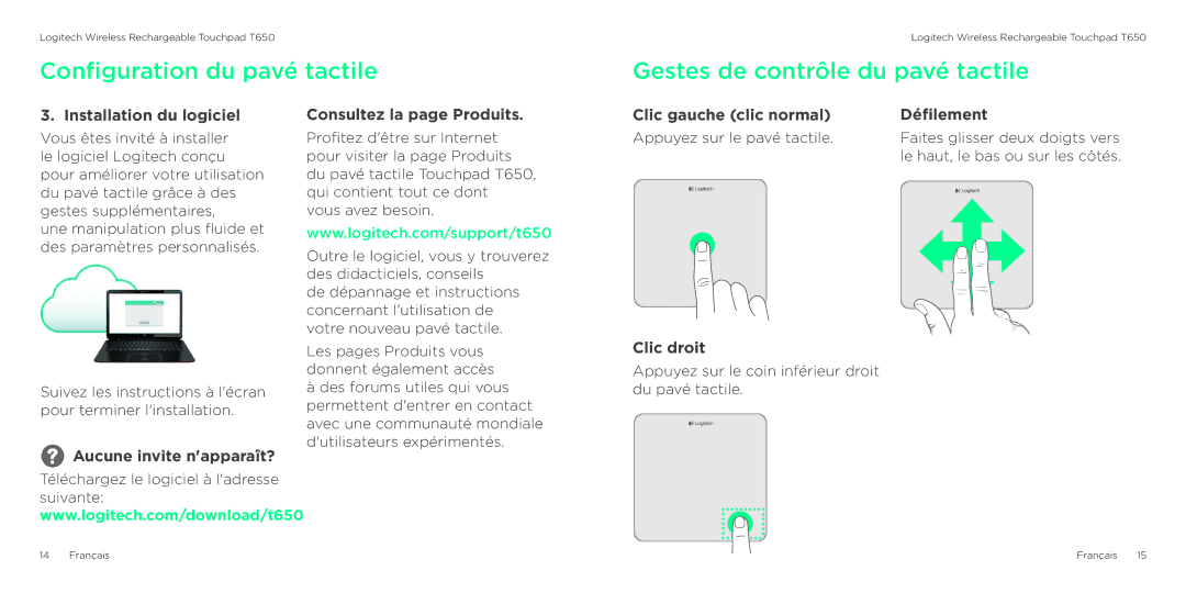 Logitech T650 manual Gestes de contrôle du pavé tactile, Aucune invite napparaît?, Clic droit 