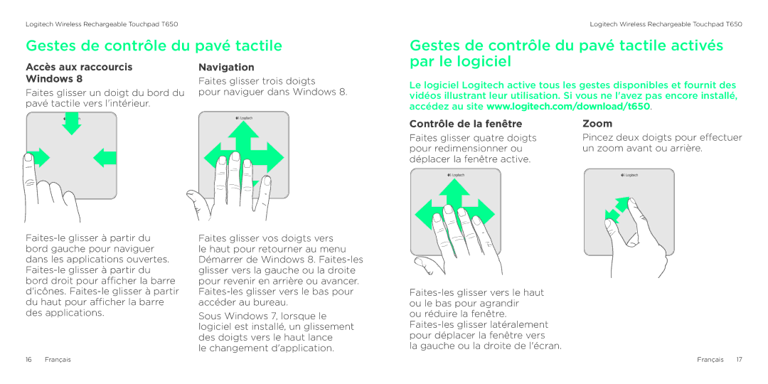 Logitech T650 manual Gestes de contrôle du pavé tactile activés par le logiciel, Accès aux raccourcis Windows, Navigation 