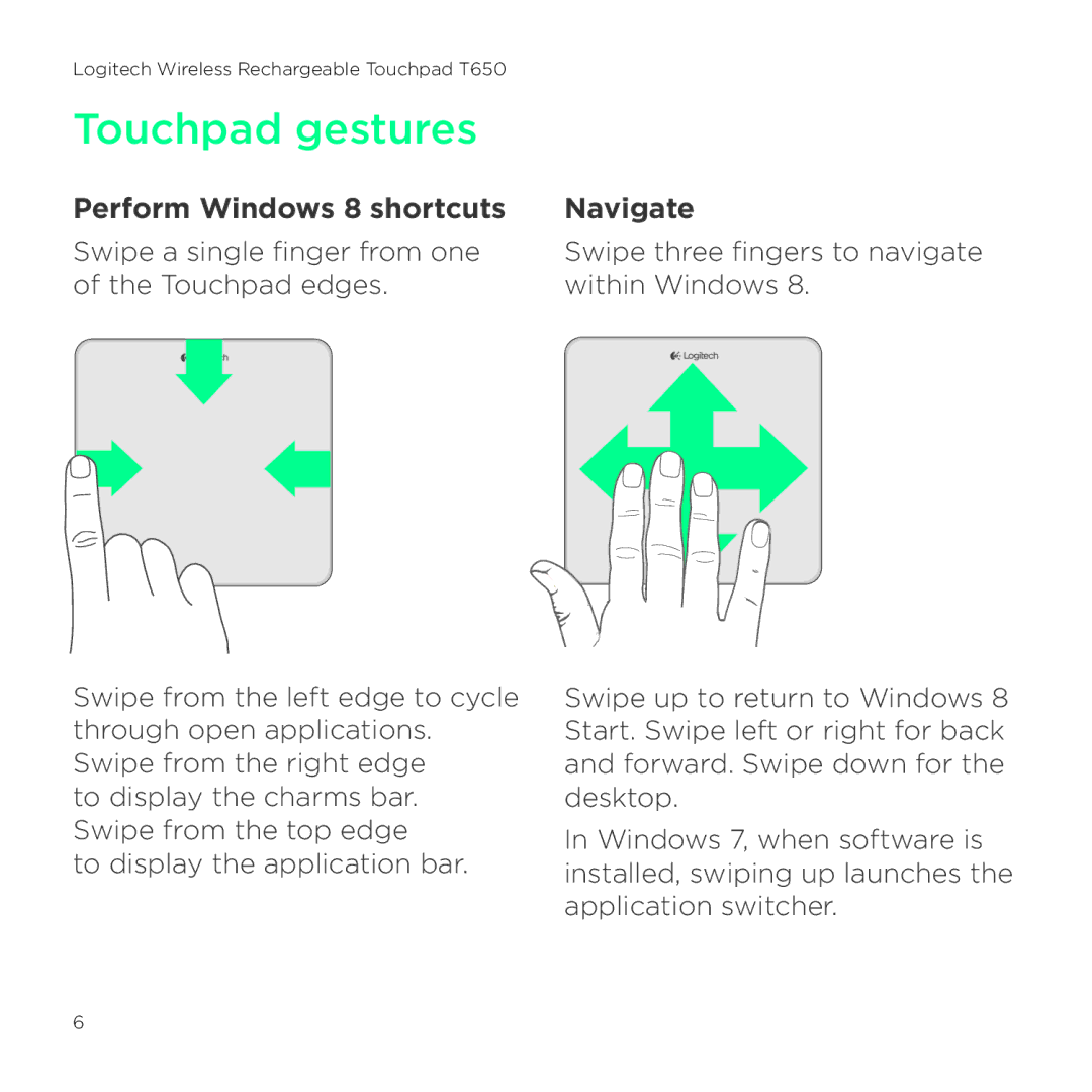 Logitech T650 setup guide Perform Windows 8 shortcuts, Navigate 