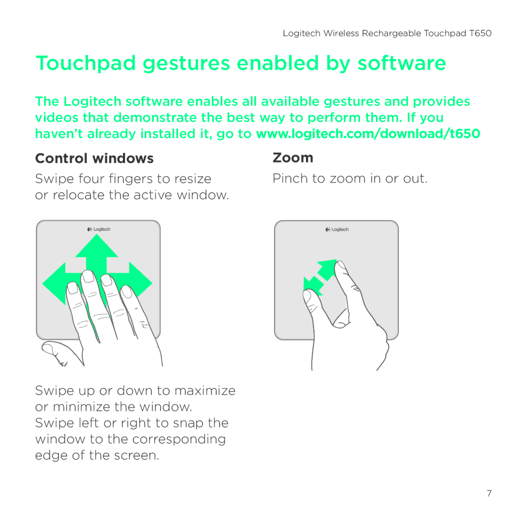 Logitech T650 setup guide Touchpad gestures enabled by software, Control windows Zoom 