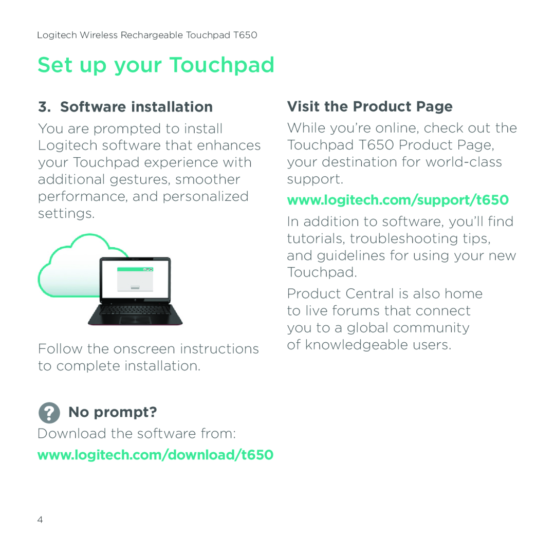 Logitech T650 setup guide Software installation, Visit the Product Page, No prompt?, Set up your Touchpad 