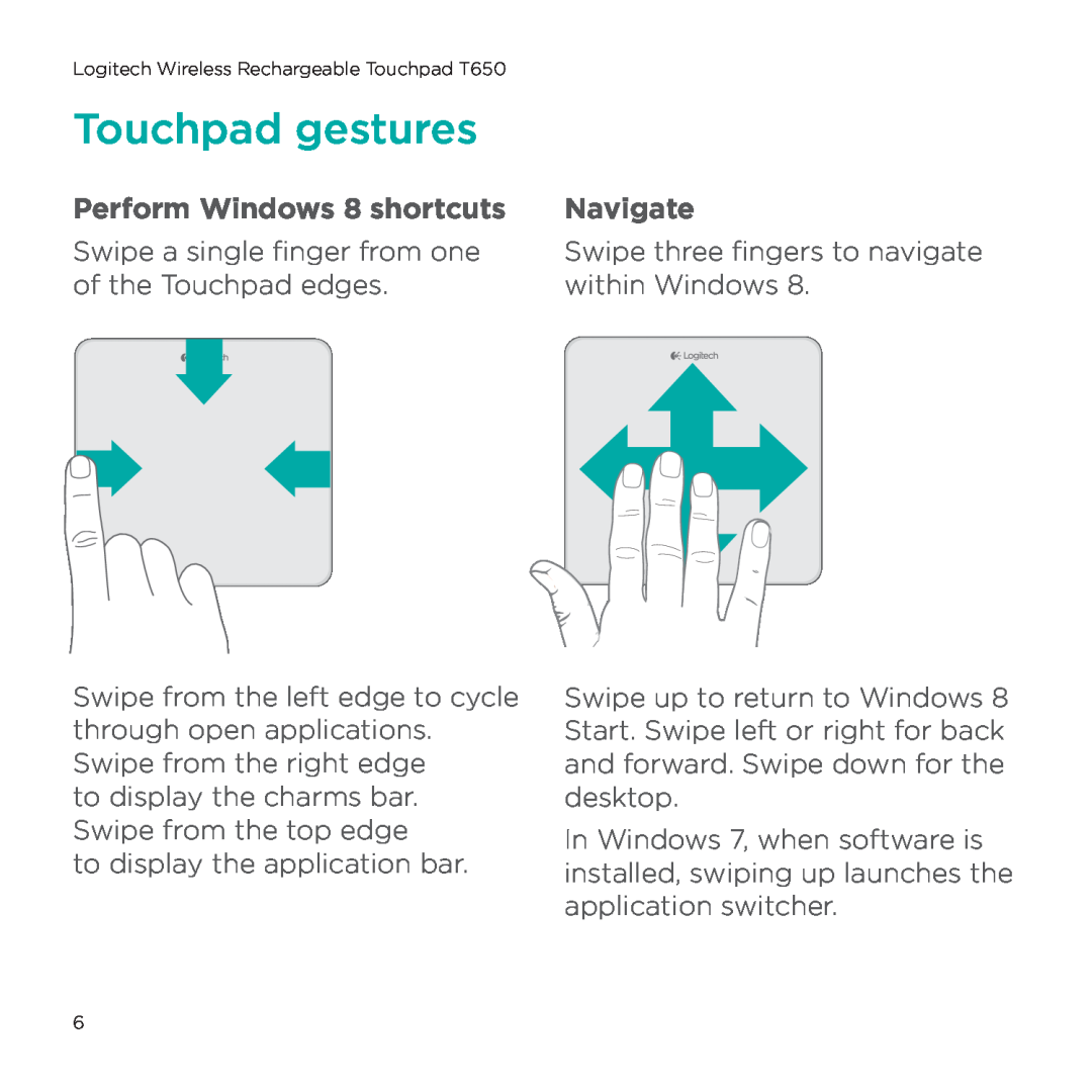 Logitech T650 setup guide Perform Windows 8 shortcuts, Navigate, Touchpad gestures 