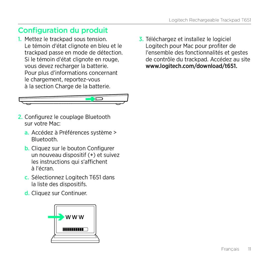 Logitech T651 setup guide Configuration du produit, Mettez le trackpad sous tension 