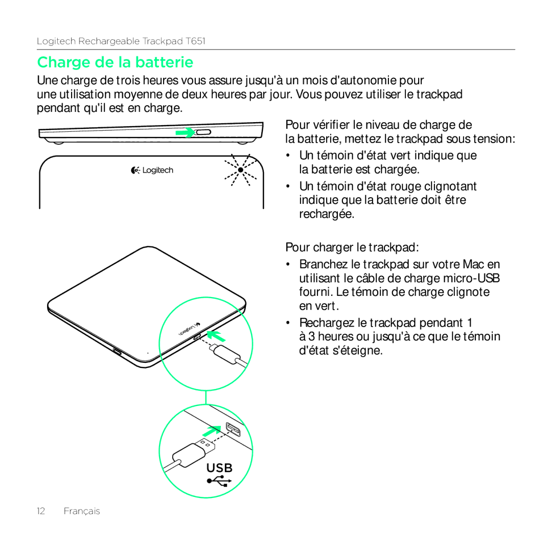 Logitech T651 setup guide Charge de la batterie 