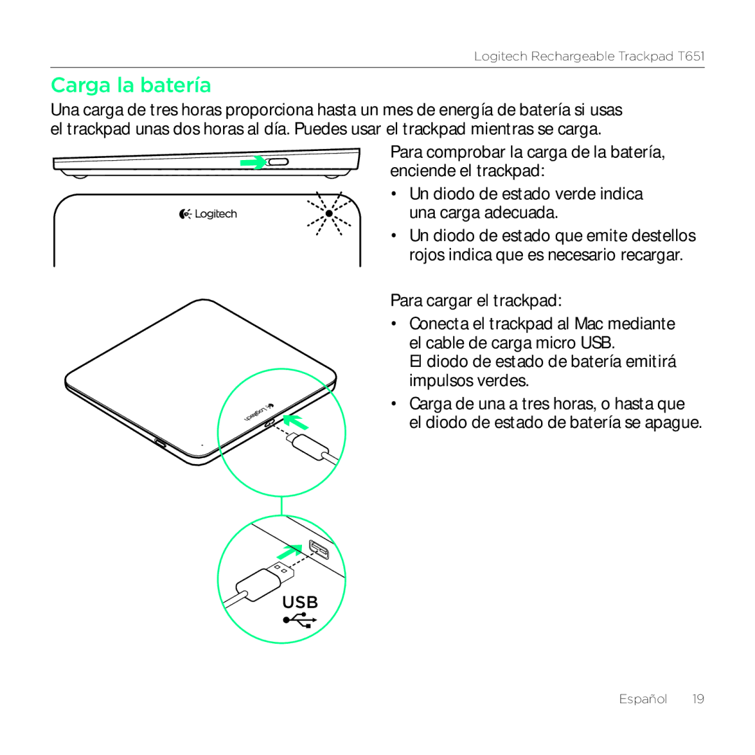 Logitech T651 setup guide Carga la batería 