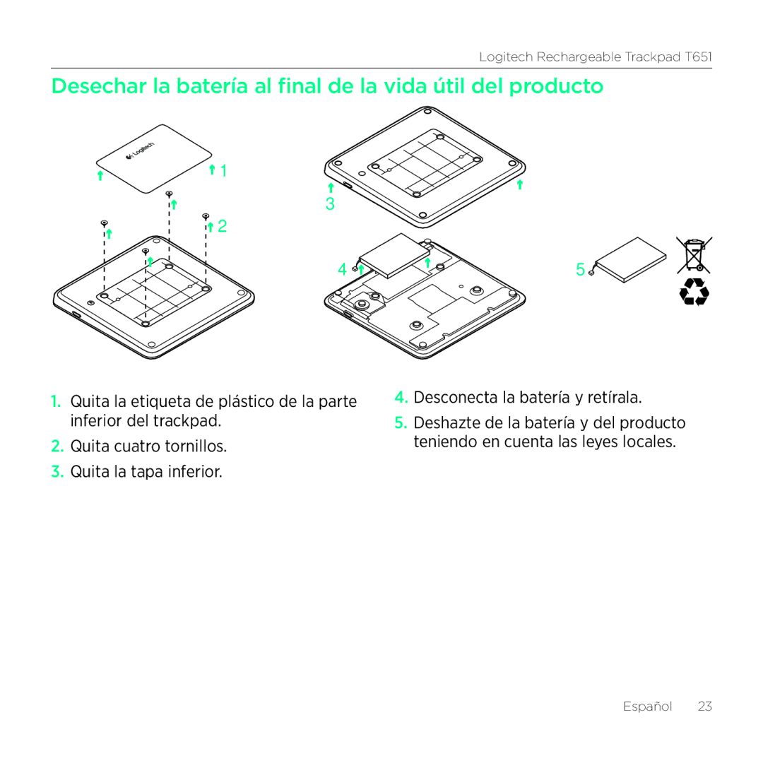 Logitech T651 setup guide Desechar la batería al final de la vida útil del producto 