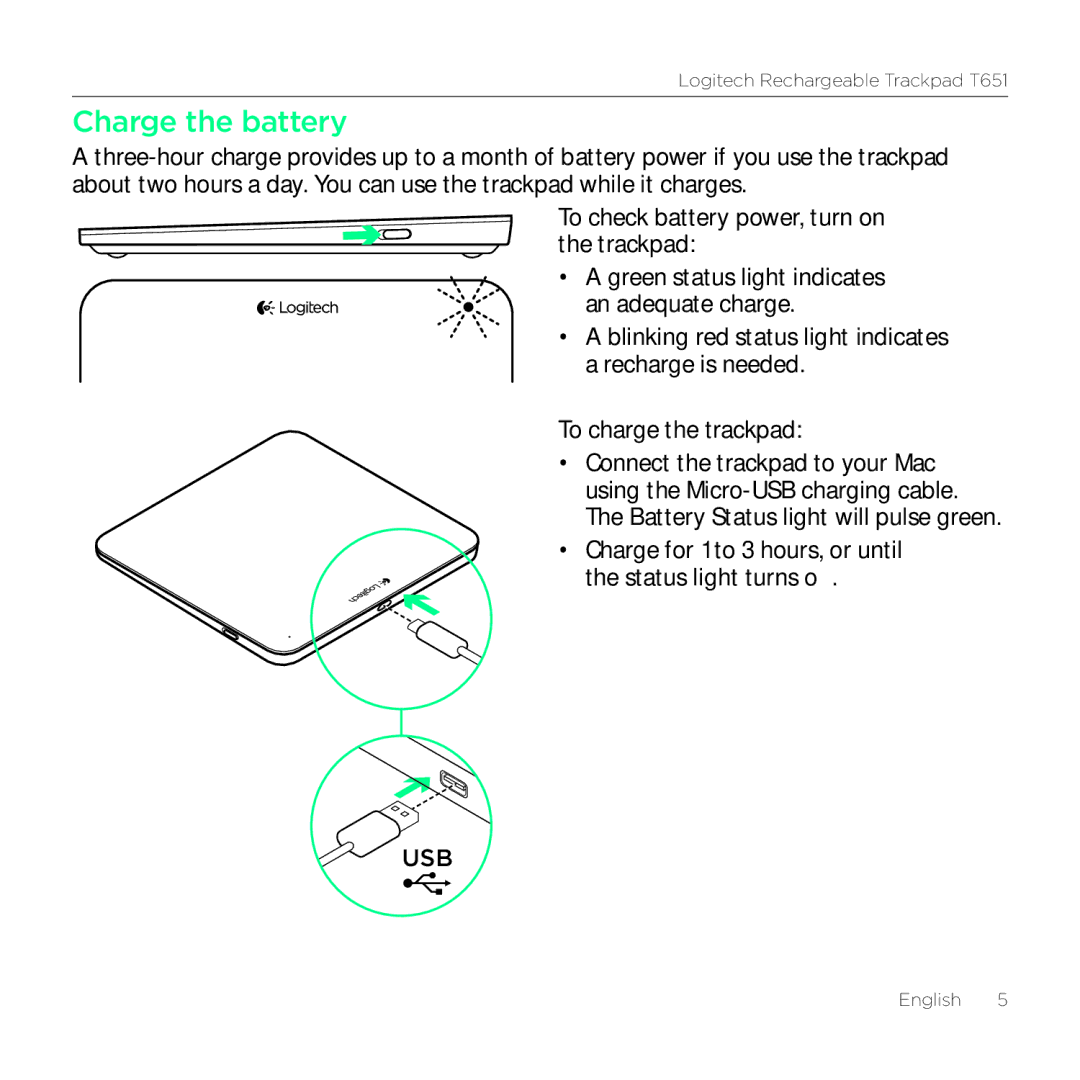 Logitech T651 setup guide Charge the battery 