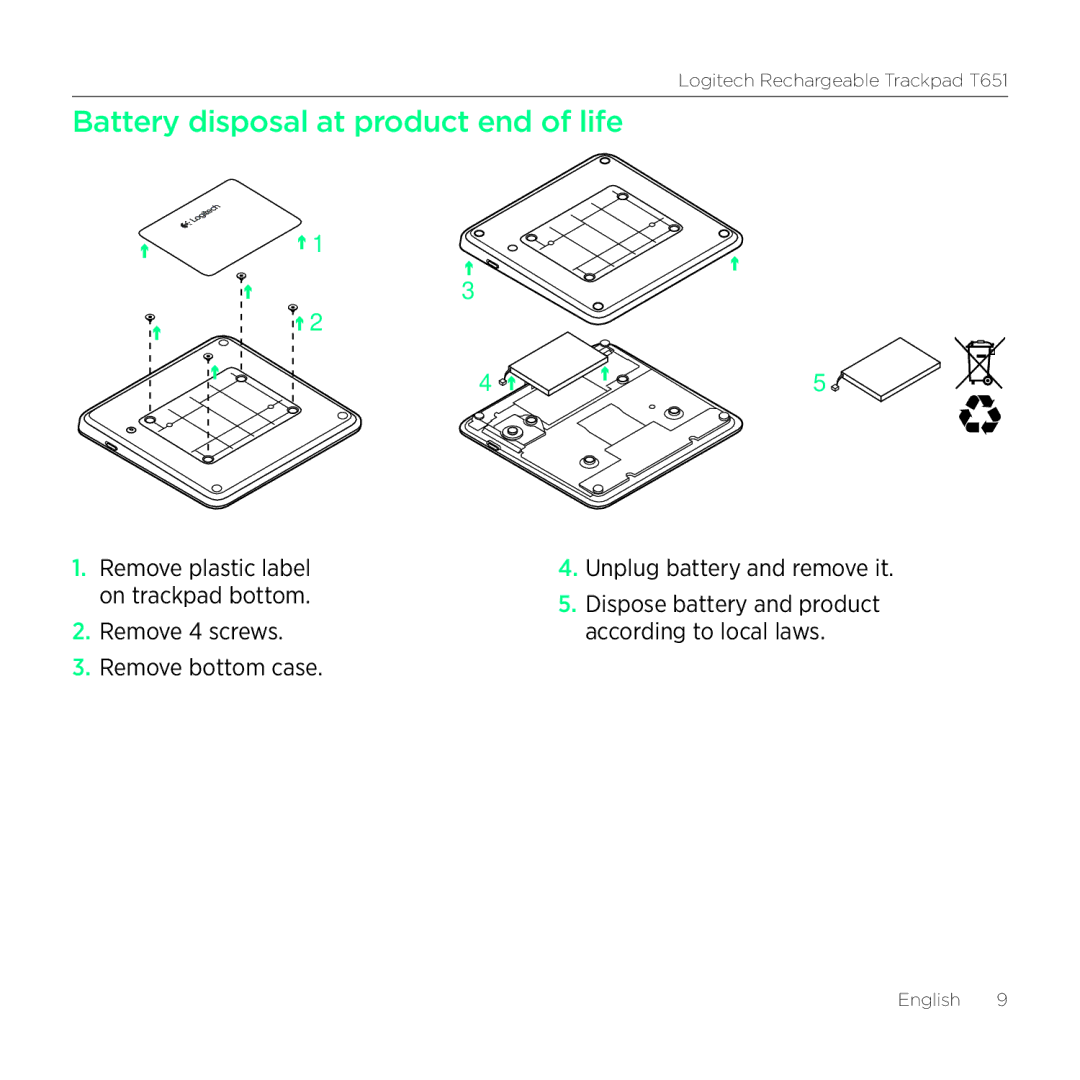 Logitech T651 setup guide Battery disposal at product end of life 