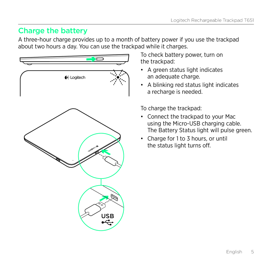 Logitech T651 setup guide Charge the battery 