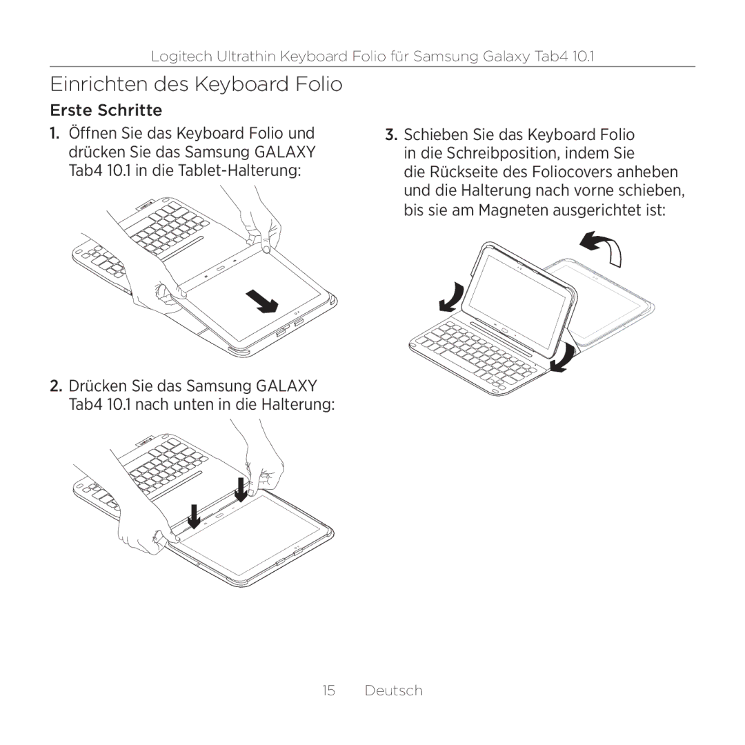 Logitech Tab4 10.1 setup guide Einrichten des Keyboard Folio, Erste Schritte 