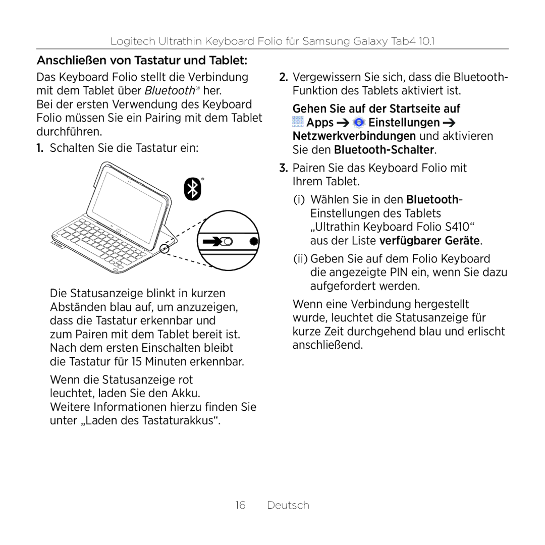 Logitech Tab4 10.1 setup guide Anschließen von Tastatur und Tablet 