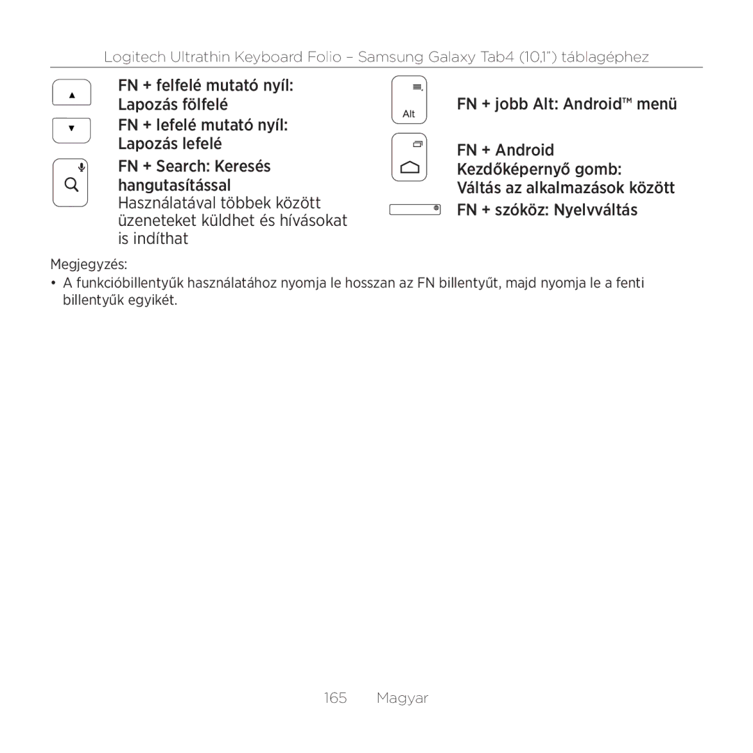 Logitech Tab4 10.1 setup guide FN + jobb Alt Android menü FN + Android Kezdőképernyő gomb 