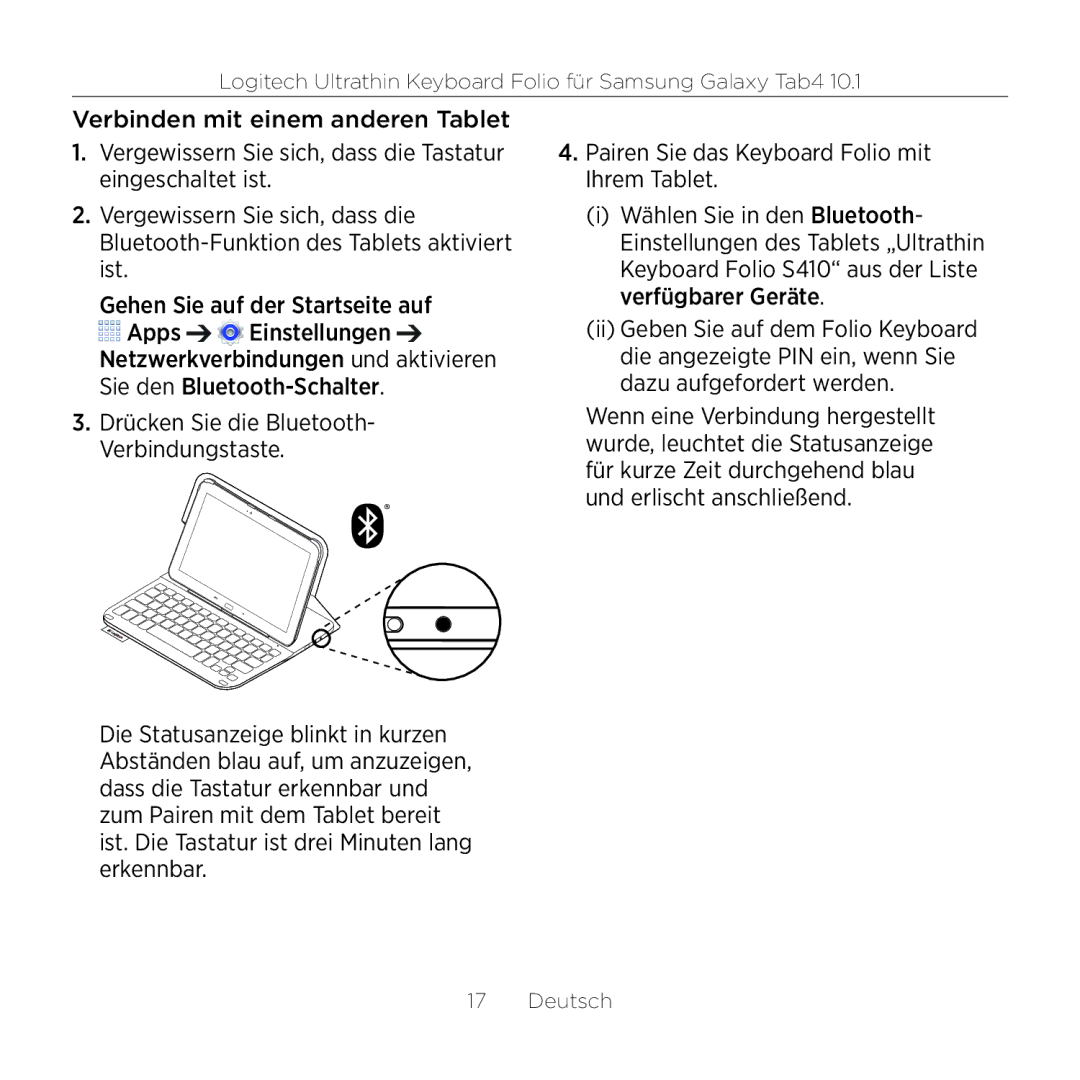 Logitech Tab4 10.1 setup guide Logitech Ultrathin Keyboard Folio für Samsung Galaxy Tab4 