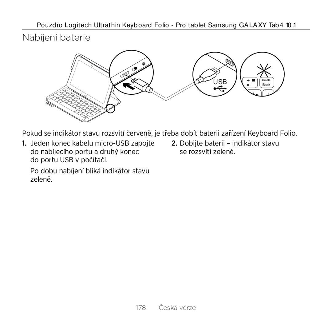 Logitech Tab4 10.1 setup guide Nabíjení baterie 