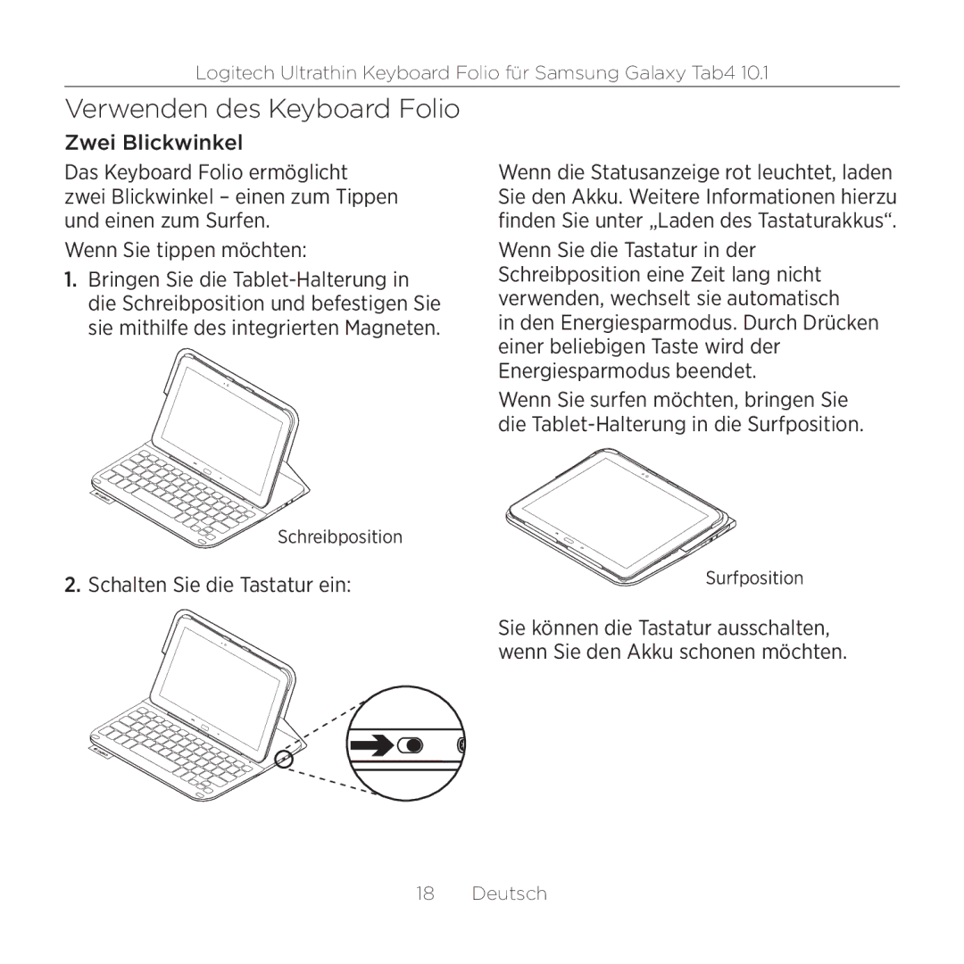 Logitech Tab4 10.1 setup guide Verwenden des Keyboard Folio 