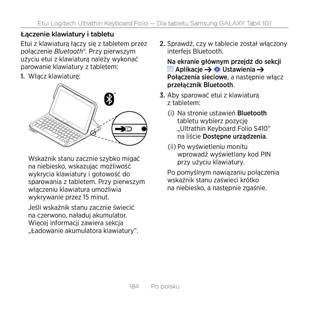 Logitech Tab4 10.1 setup guide Łączenie klawiatury i tabletu, Włącz klawiaturę, Na niebiesko, a następnie zgaśnie 