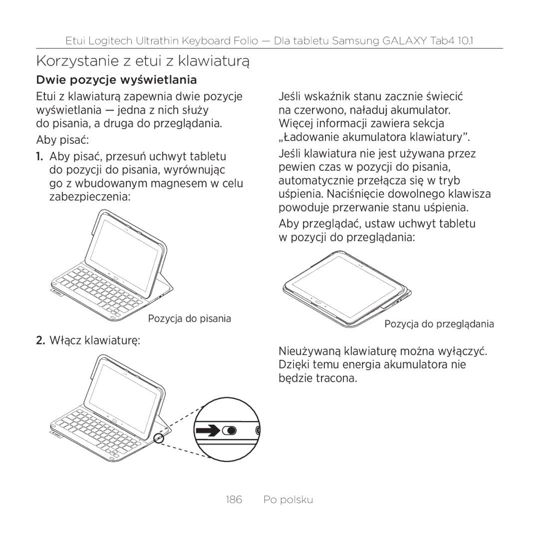 Logitech Tab4 10.1 setup guide Korzystanie z etui z klawiaturą, Dwie pozycje wyświetlania 