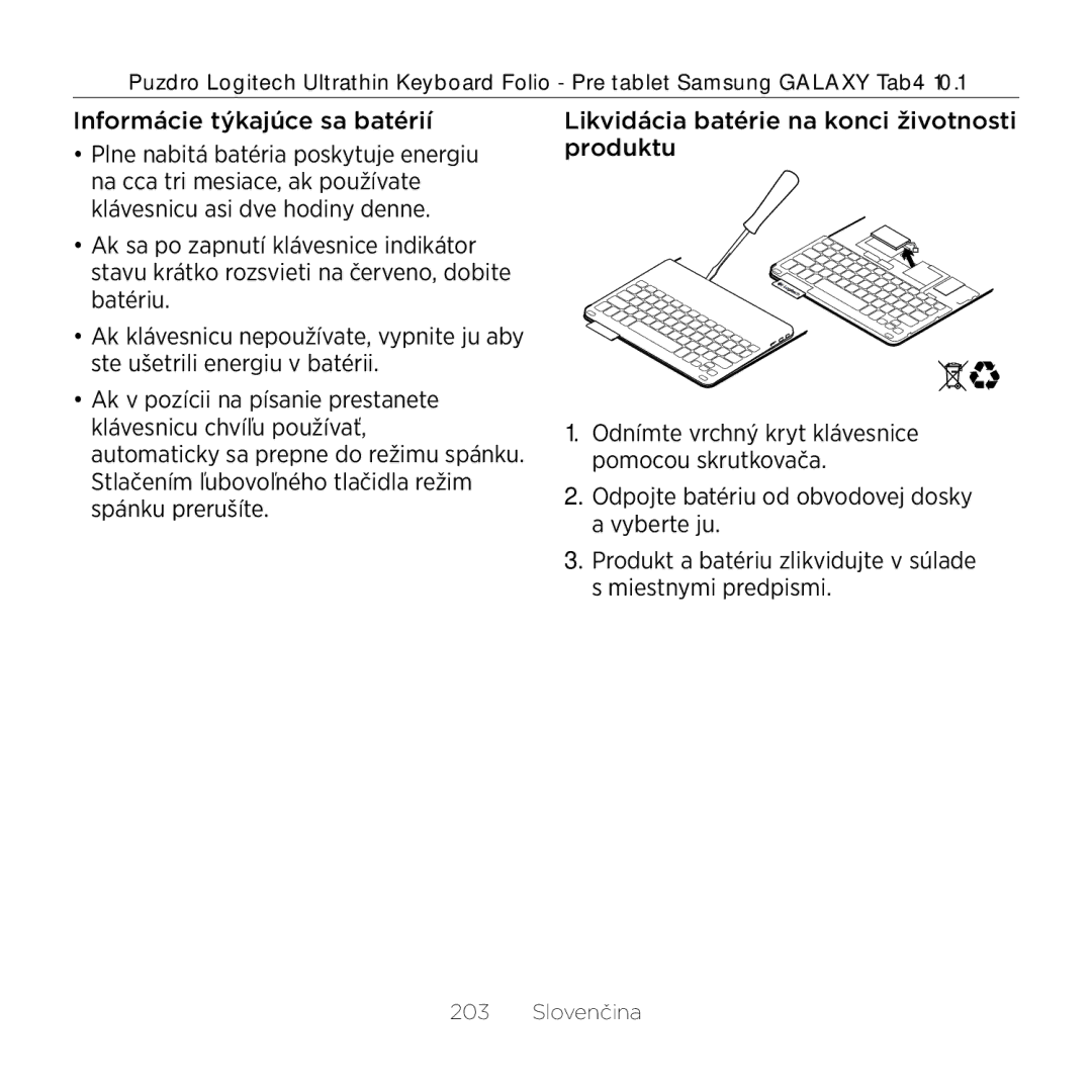 Logitech Tab4 10.1 setup guide Informácie týkajúce sa batérií 