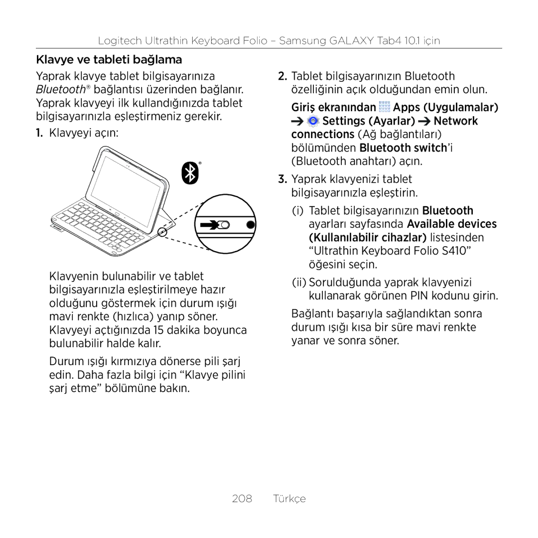 Logitech Tab4 10.1 setup guide Klavye ve tableti bağlama 