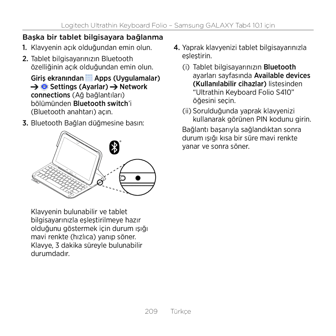 Logitech Tab4 10.1 setup guide 209 Türkçe 