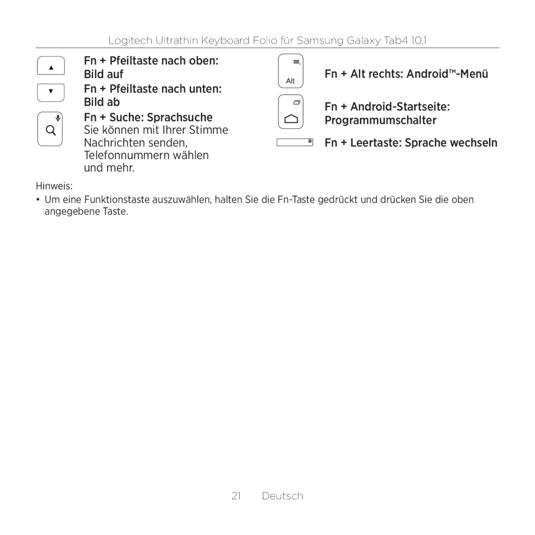 Logitech Tab4 10.1 setup guide Hinweis 