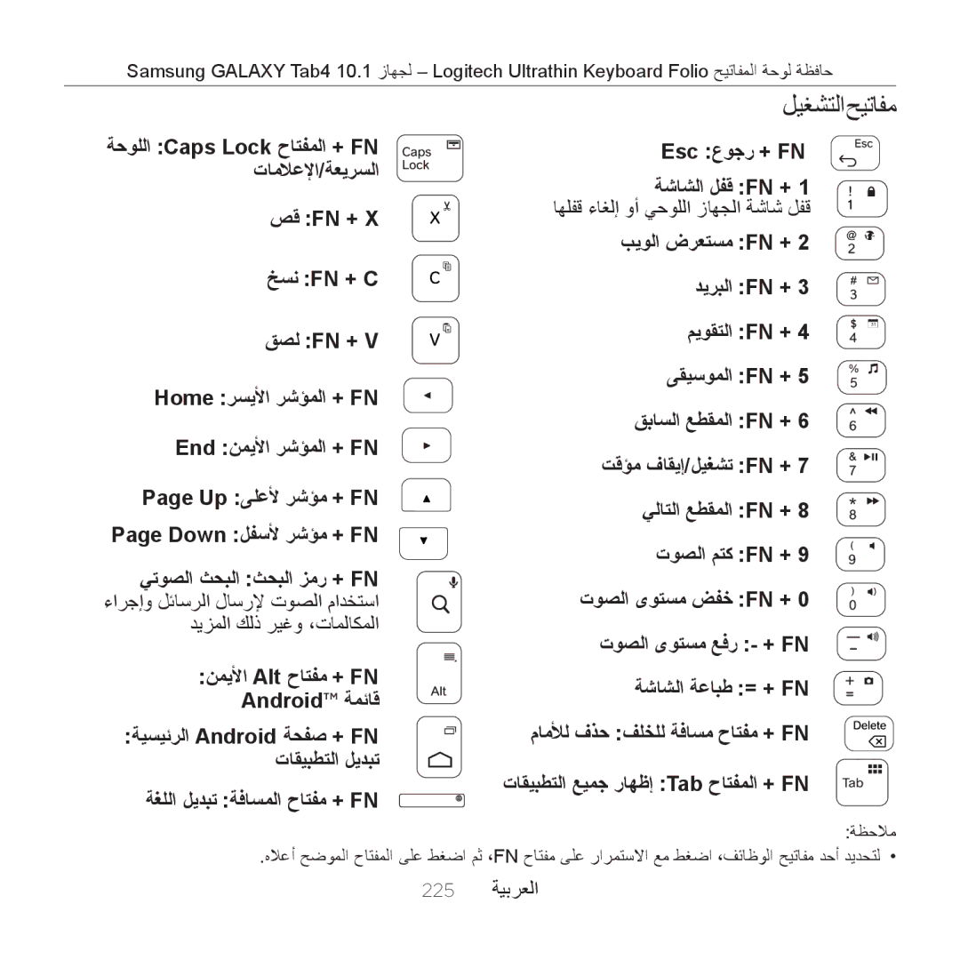 Logitech Tab4 10.1 setup guide ليغشتلا حيتافم, ةغللا ليدبت ةفاسملا حاتفم + Fn, Esc عوجر + FN ةشاشلا لفق FN +, 225 ةيبرعلا 