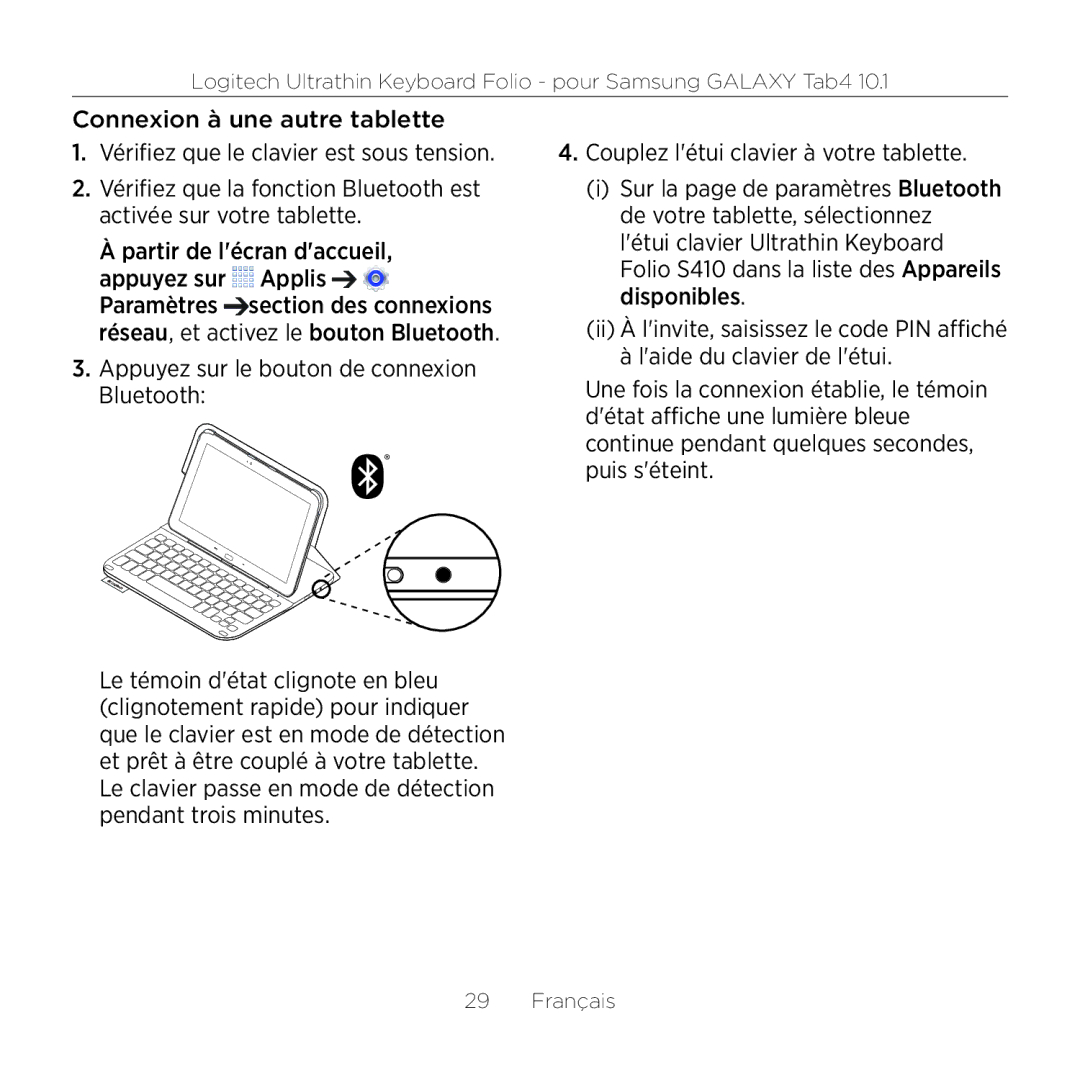 Logitech Tab4 10.1 setup guide Logitech Ultrathin Keyboard Folio pour Samsung Galaxy Tab4 