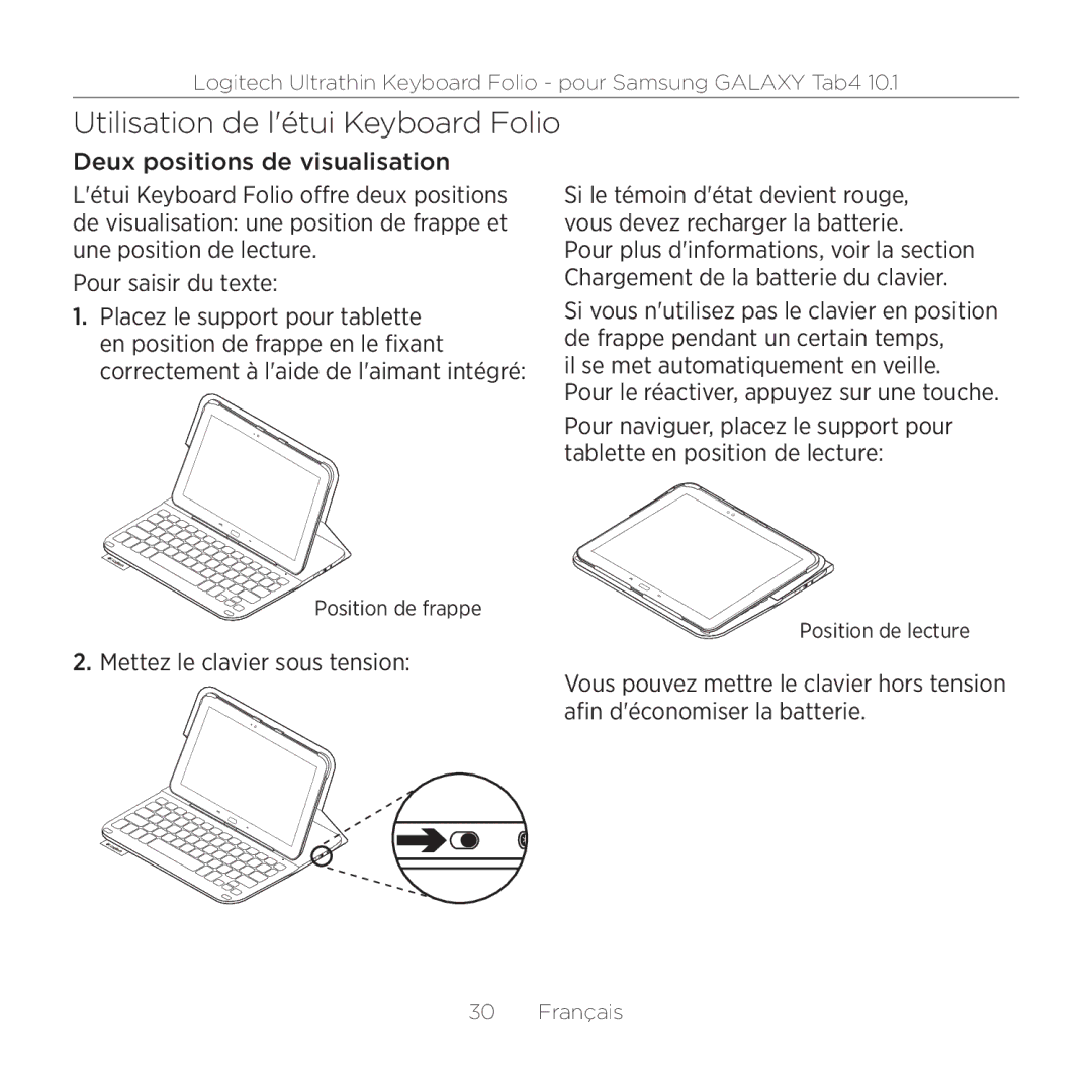 Logitech Tab4 10.1 setup guide Utilisation de létui Keyboard Folio 